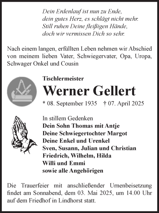 Traueranzeige von Werner Gellert von Volksstimme Haldensleben/Wolmirstedt