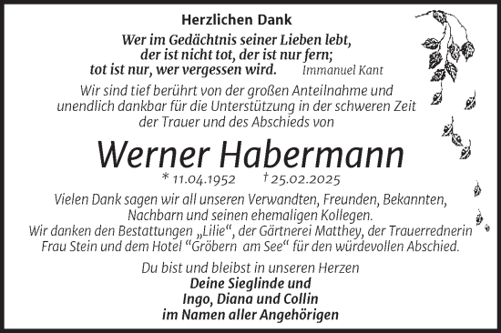 Traueranzeige von Werner Habermann von Trauerkombi Bitterfeld