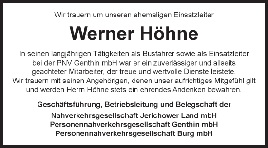 Traueranzeige von Werner Höhne von Volksstimme Burg/Genthin