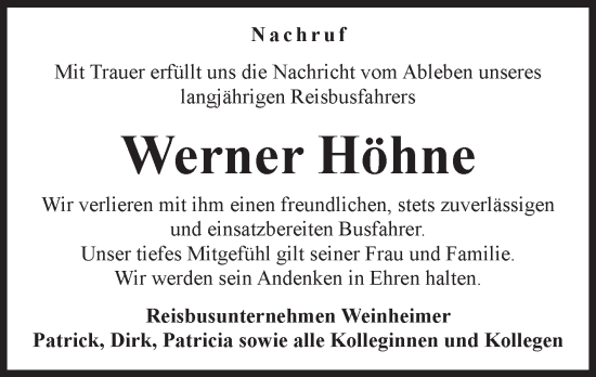 Traueranzeige von Werner Höhne von Volksstimme Burg/Genthin