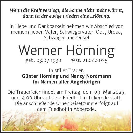 Traueranzeige von Werner Hörning von Trauerkombi Mansfelder Land