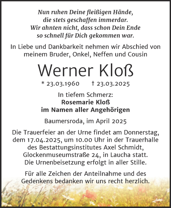 Traueranzeige von Werner Kloß von Super Sonntag Naumburg/Nebra