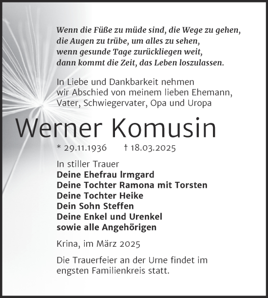 Traueranzeige von Werner Komusin von Trauerkombi Bitterfeld