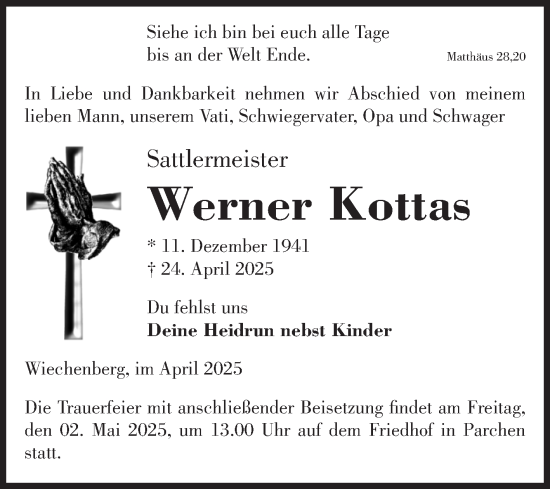 Traueranzeige von Werner Kottas von Volksstimme Burg/Genthin