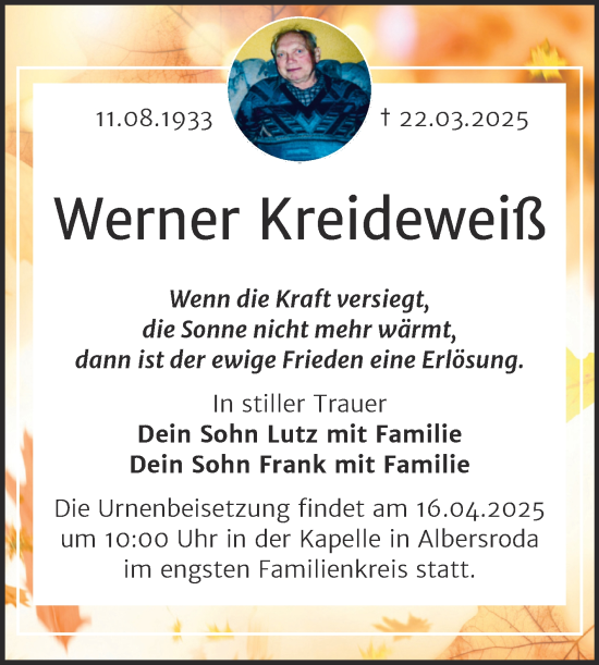 Traueranzeige von Werner Kreideweiß von Trauerkombi Merseburg