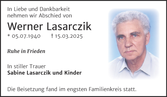 Traueranzeige von Werner Lasarczik von Mitteldeutsche Zeitung Halle/Saalkreis