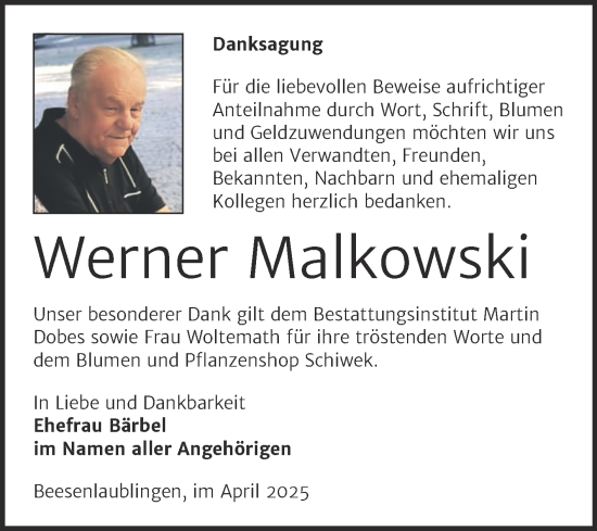 Traueranzeige von Werner Malkowski von Trauerkombi Bernburg