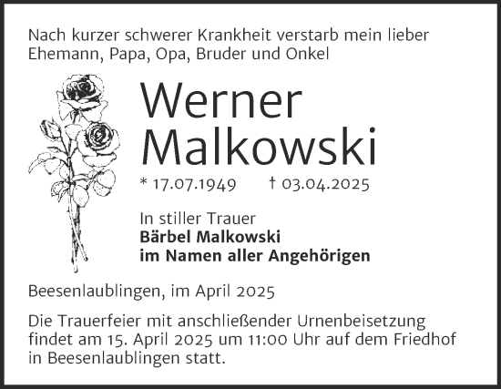 Traueranzeige von Werner Malkowski von Trauerkombi Bernburg