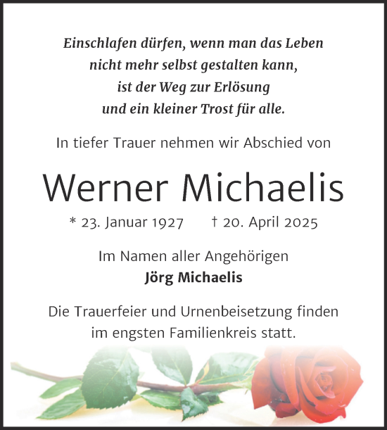 Traueranzeige von Werner Michaelis von Trauerkombi Köthen