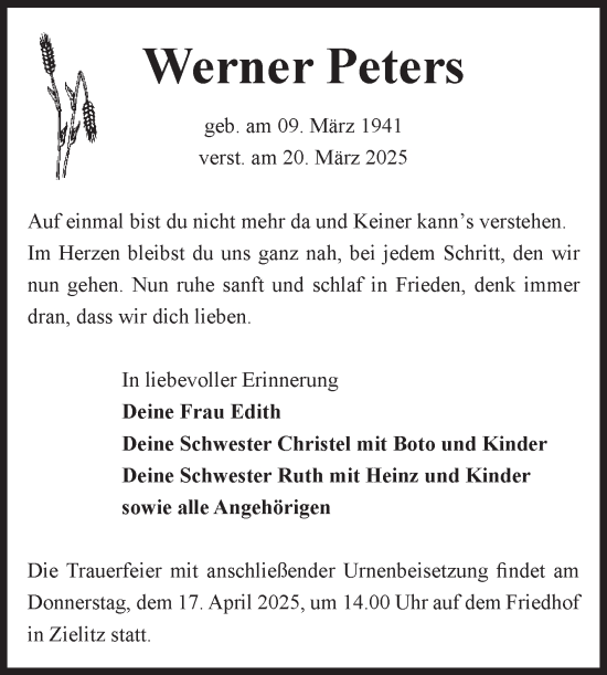 Traueranzeige von Werner Peters von Volksstimme Haldensleben/Wolmirstedt