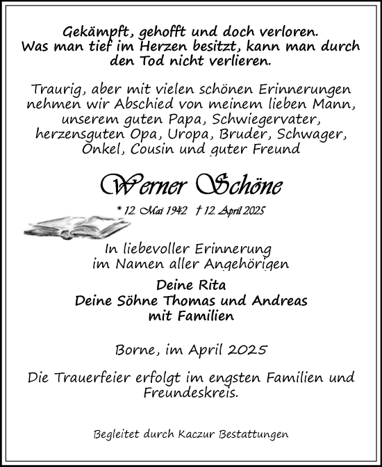 Traueranzeige von Werner Qdchone von Volksstimme Staßfurt