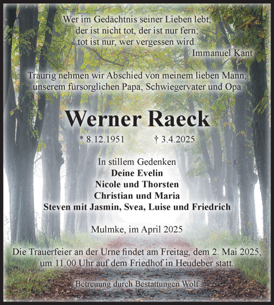 Traueranzeige von Werner Raeck von Volksstimme Wernigerode