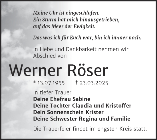 Traueranzeige von Werner Röser von Trauerkombi Dessau