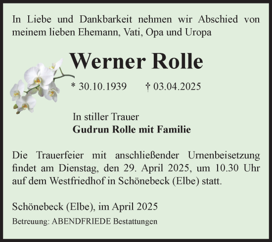 Traueranzeige von Werner Rolle von Volksstimme Schönebeck