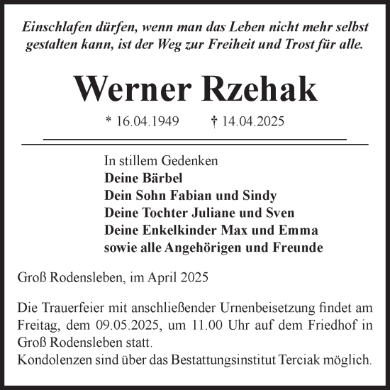 Traueranzeige von Werner Rzehak von Volksstimme Oschersleben/Wanzleben