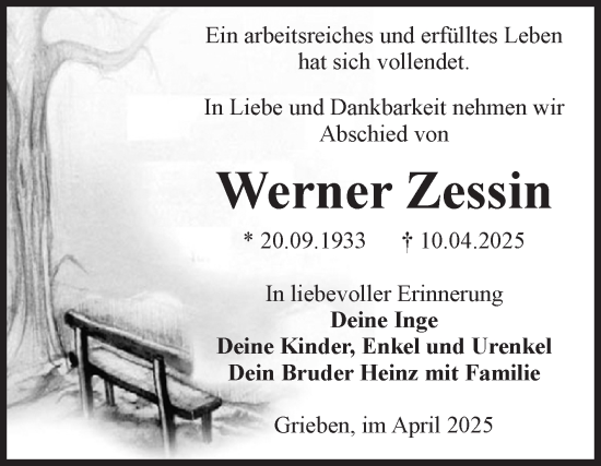 Traueranzeige von Werner Zessin von Volksstimme Altmark Ost