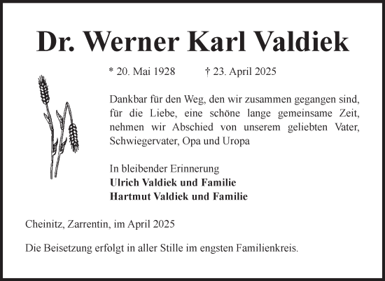 Traueranzeige von Werner Karl Valdiek von Volksstimme Haldensleben/Wolmirstedt