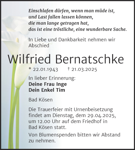 Traueranzeige von Wilfried Bernatschke von Naumburger Tageblatt