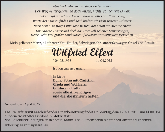 Traueranzeige von Wilfried Elfert von Volksstimme Altmark West