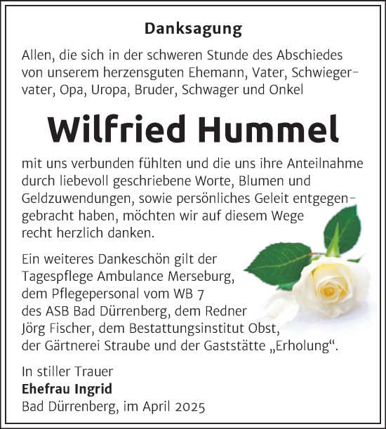 Traueranzeige von Wilfried Hummel von Trauerkombi Merseburg