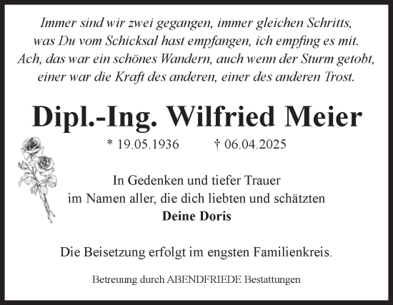 Traueranzeige von Wilfried Meier von Volksstimme Magdeburg