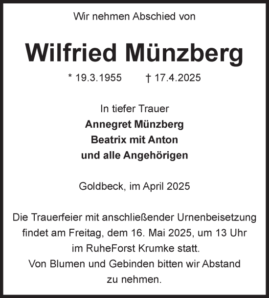 Traueranzeige von Wilfried Münzberg von Volksstimme Altmark Ost