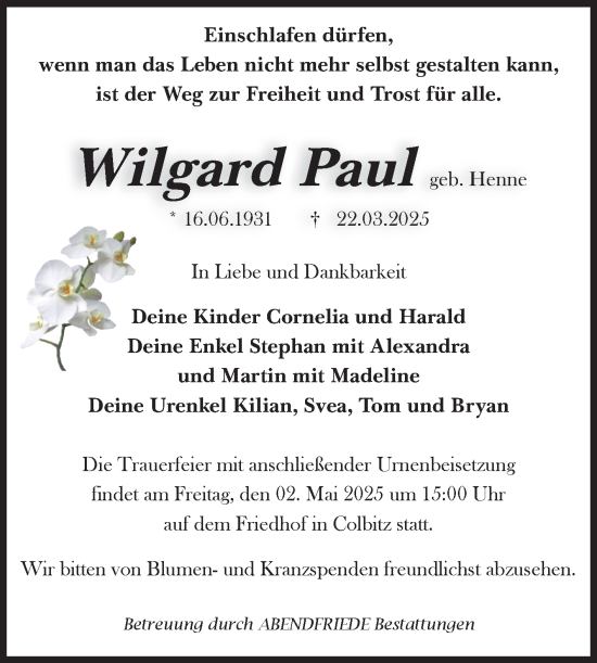 Traueranzeige von Wilgard Paul von Volksstimme Haldensleben/Wolmirstedt