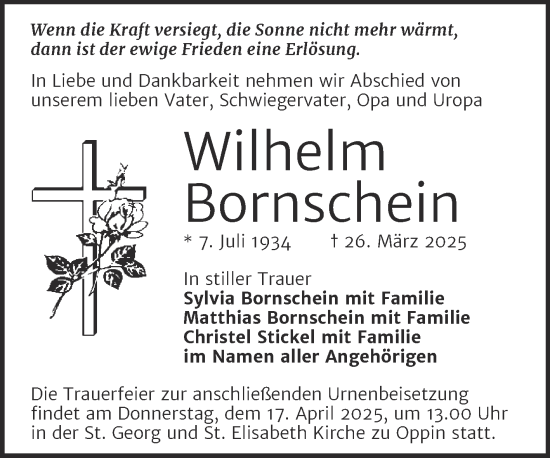Traueranzeige von Wilhelm Bornschein von Mitteldeutsche Zeitung Halle/Saalkreis