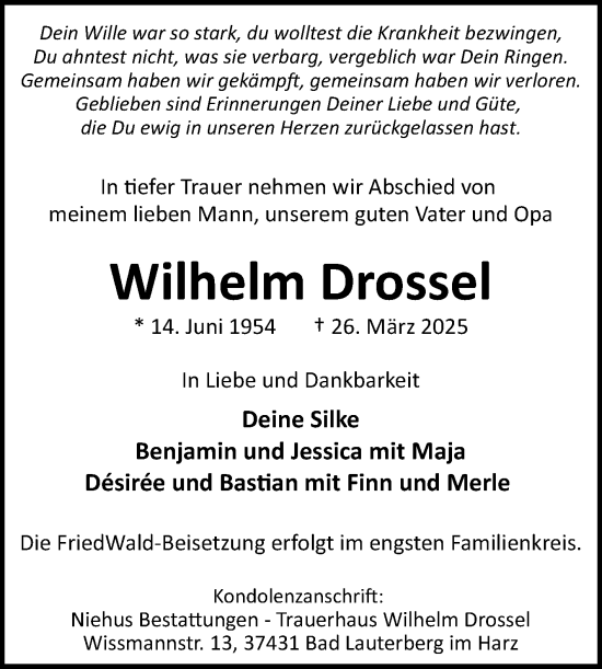 Traueranzeige von Wilhelm Drossel von Trauerkombi Quedlinburg