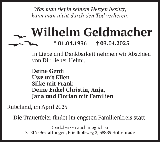 Traueranzeige von Wilhelm Geldmacher von Volksstimme Wernigerode