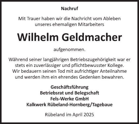 Traueranzeige von Wilhelm Geldmacher von Volksstimme Wernigerode