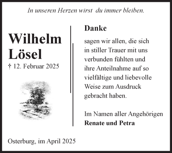 Traueranzeige von Wilhelm Lösel von Volksstimme Altmark Ost