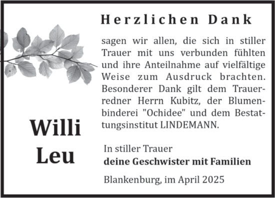 Traueranzeige von Willi Leu von Volksstimme Wernigerode