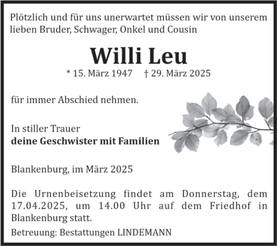 Traueranzeige von Willi Leu von Volksstimme Wernigerode