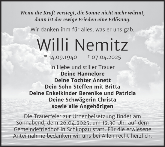 Traueranzeige von Willi Nemitz von Trauerkombi Merseburg