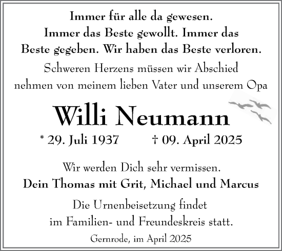 Traueranzeige von Willi Neumann von Trauerkombi Quedlinburg
