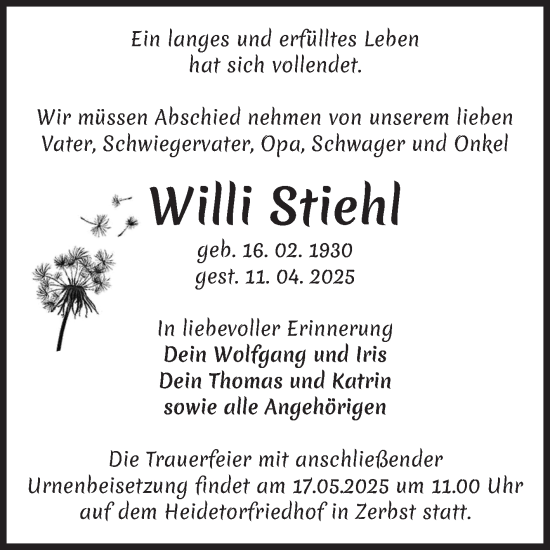 Traueranzeige von Willi Stiehl von Volksstimme Zerbst