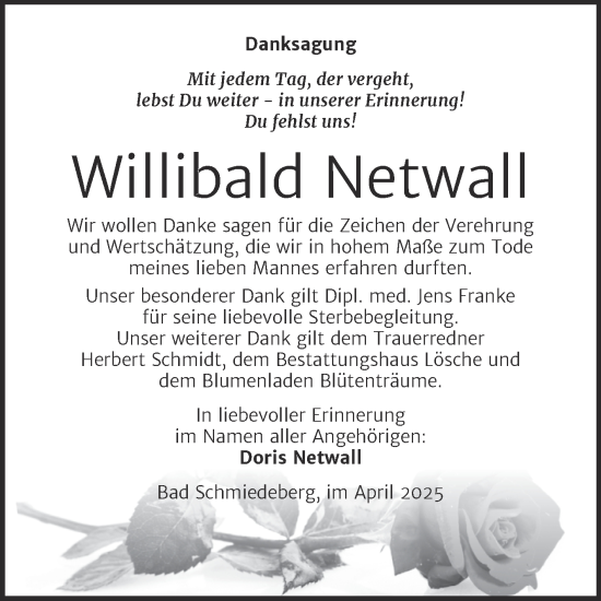 Traueranzeige von Willibald Netwall von Trauerkombi Wittenberg