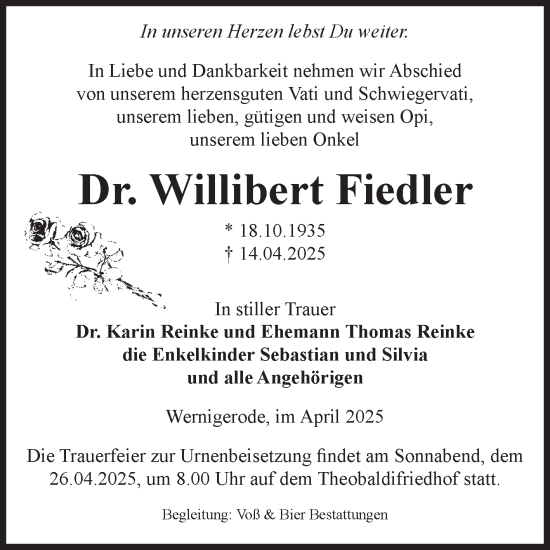 Traueranzeige von Willibert Fiedler von Volksstimme Wernigerode