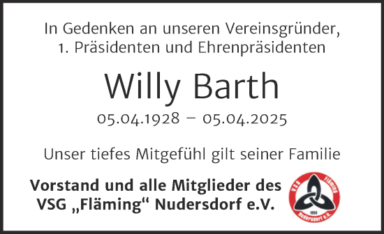Traueranzeige von Willy Barth von Super Sonntag Wittenberg