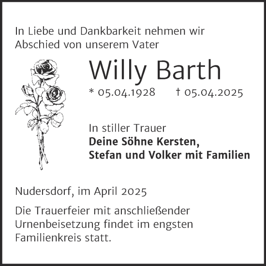 Traueranzeige von Willy Barth von Trauerkombi Wittenberg