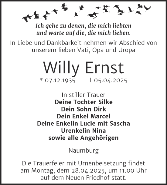 Traueranzeige von Willy Ernst von Naumburger Tageblatt