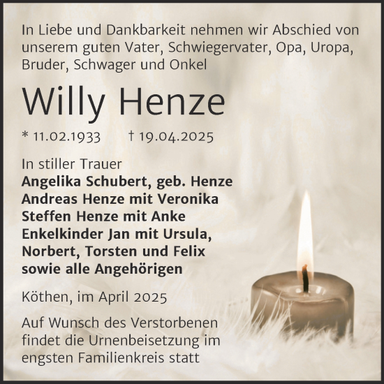 Traueranzeige von Willy Henze von Trauerkombi Köthen