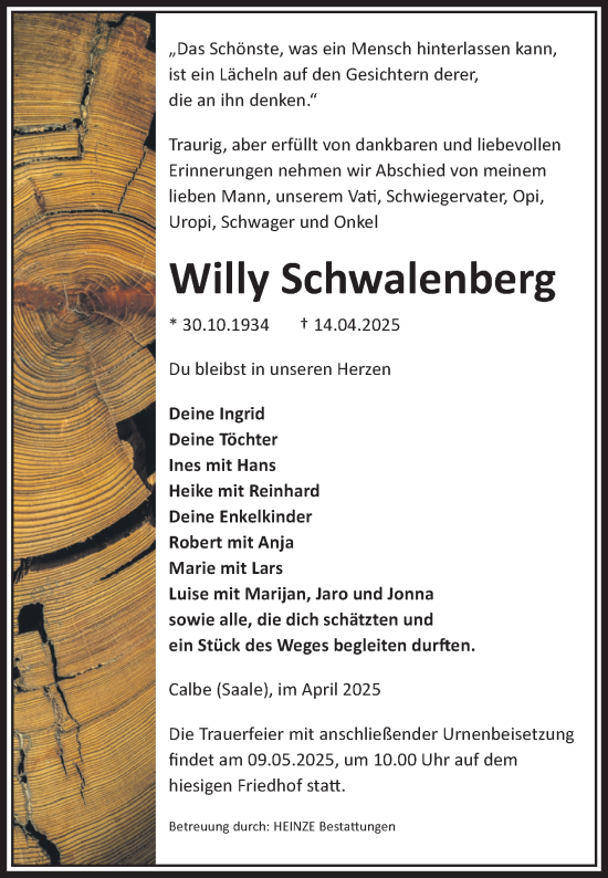 Traueranzeige von Willy Schwalenberg von Volksstimme Schönebeck