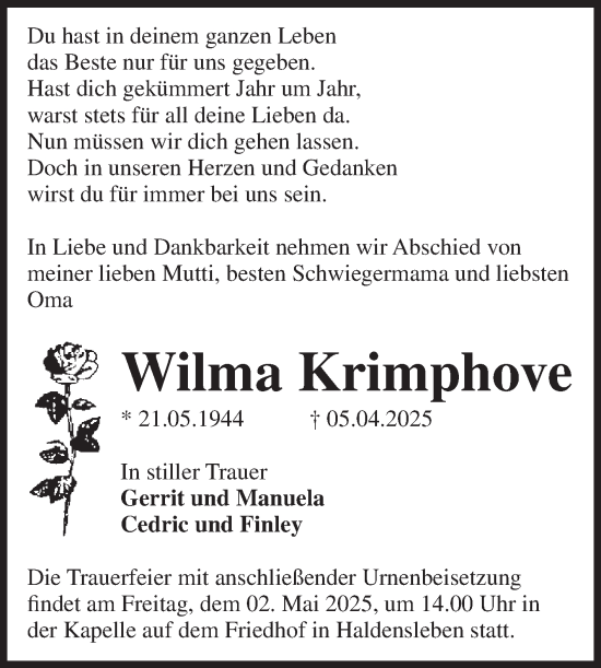 Traueranzeige von Wilma Krimphove von Volksstimme Haldensleben/Wolmirstedt