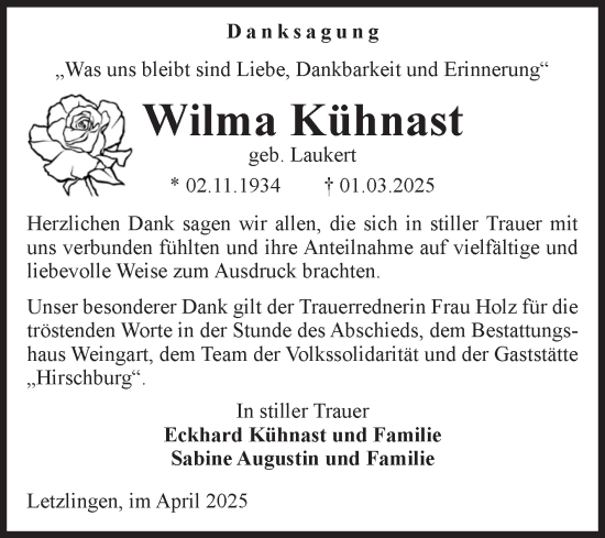 Traueranzeige von Wilma Kühnast von Volksstimme Altmark West