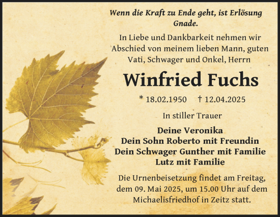 Traueranzeige von Winfried Fuchs von Trauerkombi Zeitz