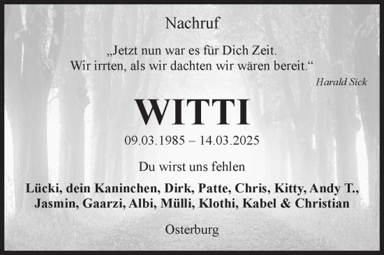 Traueranzeige von Witti  von Volksstimme Altmark Ost