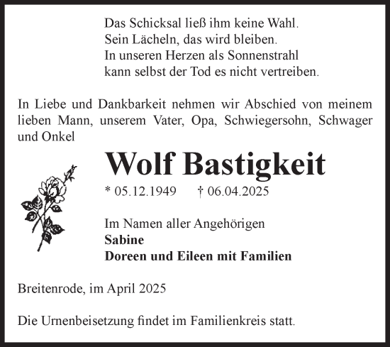 Traueranzeige von Wolf Bastigkeit von Volksstimme Altmark West