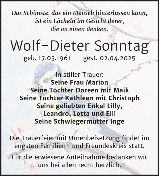 Traueranzeige von Wolf-Dieter Sonntag von Trauerkombi Mansfelder Land
